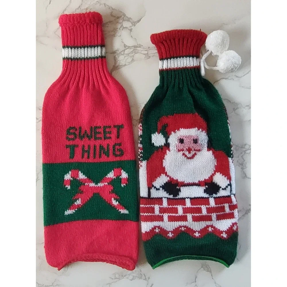 Christmas Sweater Knit Wine Bottle Covers Hostess Gift Wrap Set Of 2 A2